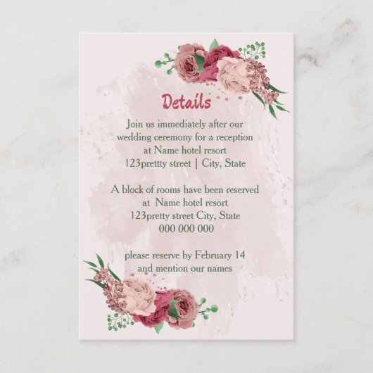 Carte D'accompagnement fleurs roses vert feuille détails mariages (Devant)