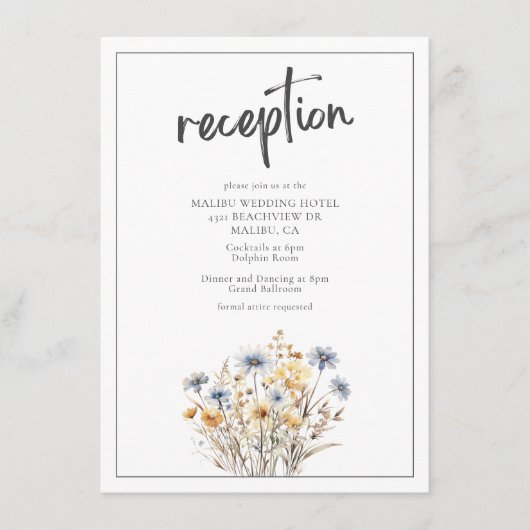 Carte D'accompagnement Fleurs sauvages Bleus Formal Elégant Mariage Récep (Devant)