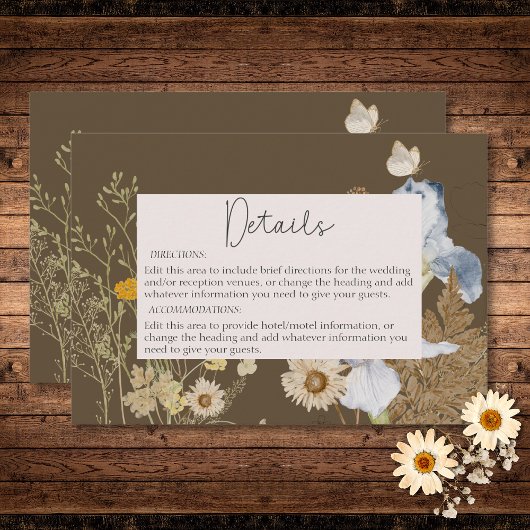 Carte D'accompagnement Fleurs sauvages sur Mariage Brown Détails