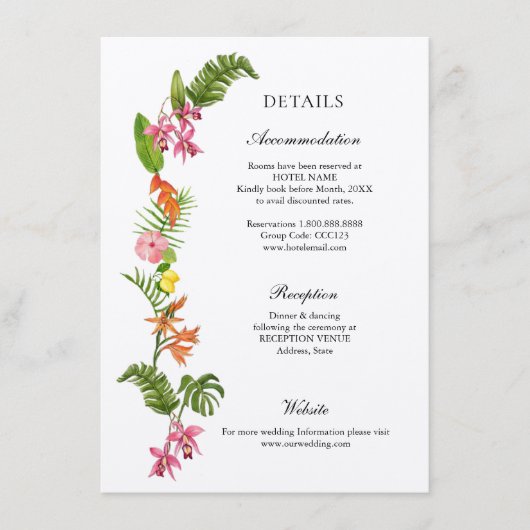 Carte D'accompagnement Fleurs tropicales colorées Détails du Mariage (Devant)
