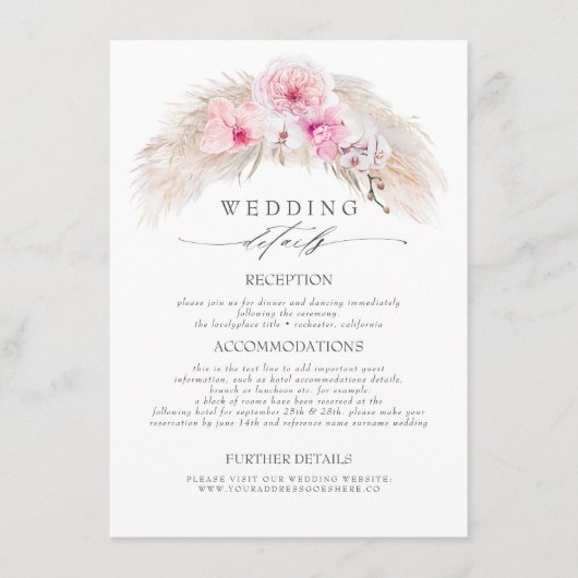 Carte D'accompagnement Fleurs tropicales roses Informations Mariages (Devant)