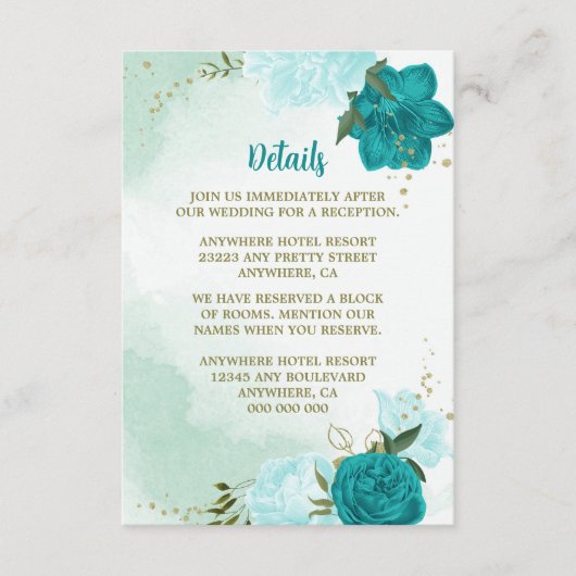 Carte D'accompagnement fleurs turquoise vert feuille (Devant)