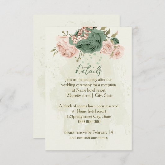 Carte D'accompagnement fleurs vert sauge détails mariage (Devant / Derrière)