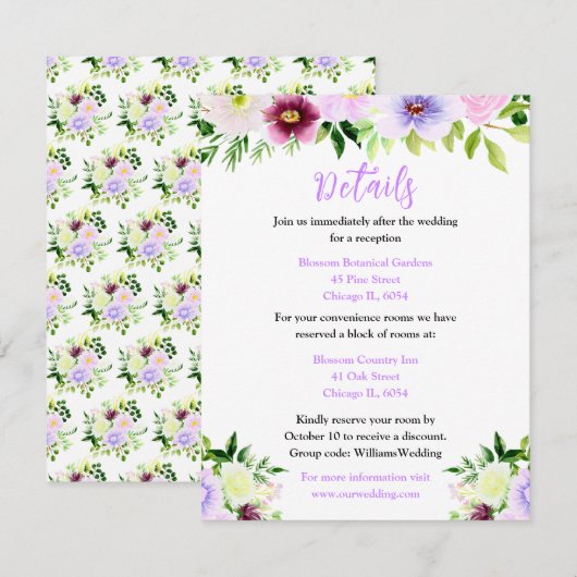 Carte D'accompagnement Fleurs violettes de printemps avec feuillage (Devant / Derrière)