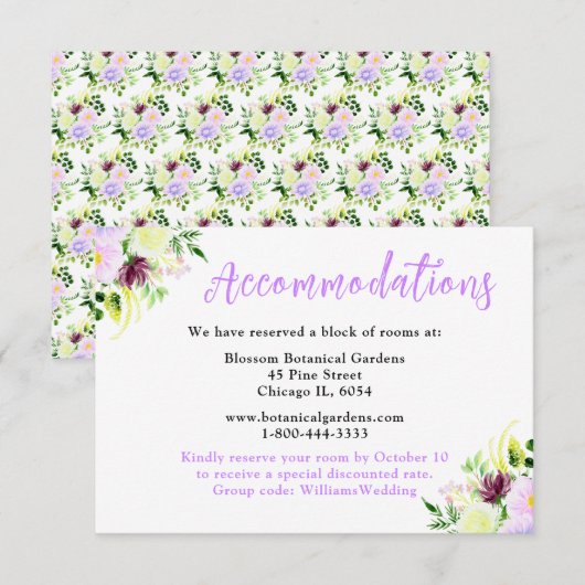 Carte D'accompagnement Fleurs violettes de printemps avec feuillage (Devant / Derrière)