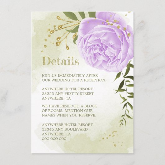 Carte D'accompagnement fleurs violettes romantiques détails de verdure (Devant)