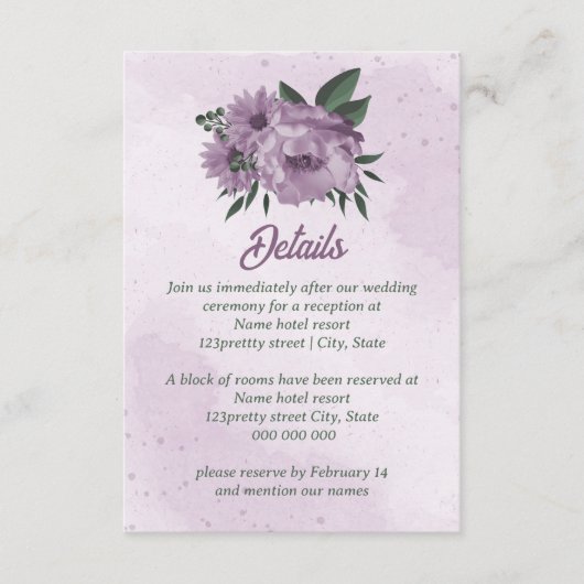 Carte D'accompagnement fleurs violettes verdure botanique mariage (Devant)