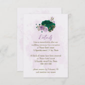 Carte D'accompagnement fleurs violettes vert émeraude détails mariage (Devant / Derrière)
