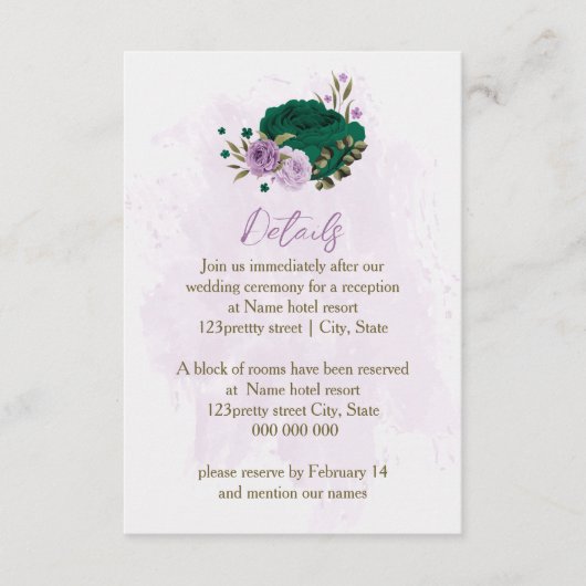 Carte D'accompagnement fleurs violettes vert émeraude détails mariage (Devant)