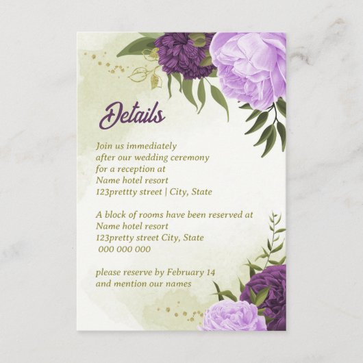 Carte D'accompagnement fleurs violettes vert feuilles (Devant)