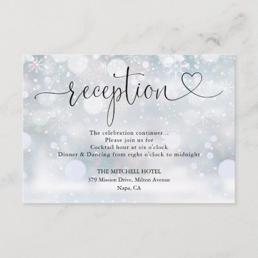 Carte D'accompagnement Flocons de Neige Coeur Script Mariage Réception (Devant)