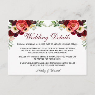 Carte D'accompagnement Floral Bourgogne Boho Détails du Mariage Insérer l