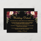 Carte D'accompagnement Floral Bourgogne Détails du Mariage Black Insert C (Devant / Derrière)