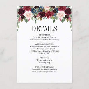 Carte D'accompagnement Floral Burgundy Marine Bleu Mariage classique