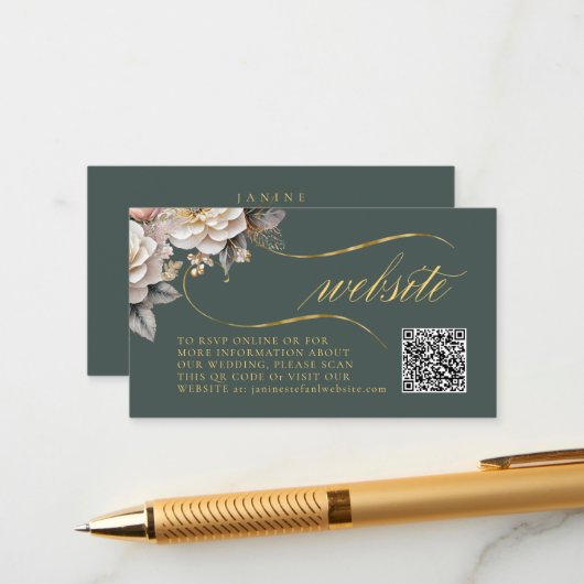Carte D'accompagnement Floral Drama Mariage QR Code vert ID1022 (Devant/Arrière en situation)