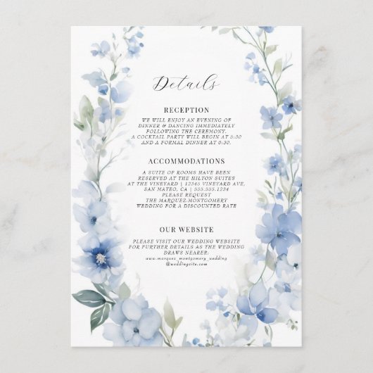 Carte D'accompagnement Floral Fleur sauvage Élégant Été Bleu Blanc Détail (Devant)