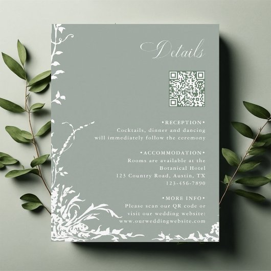 Carte D'accompagnement Floral Garden Wedding QR Code Details Sage Green
