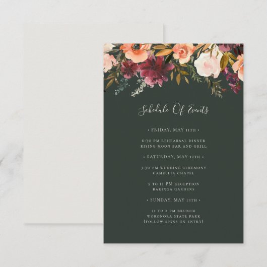 Carte D'accompagnement Floral Orange Bourgogne | Calendrier vert des évén (Devant / Derrière)