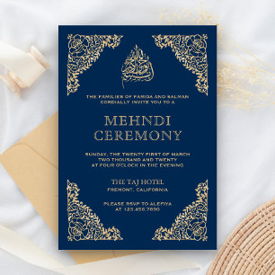 Carte D'accompagnement Floral Ornate Bleu et Or Musulman Musulman Mehndi