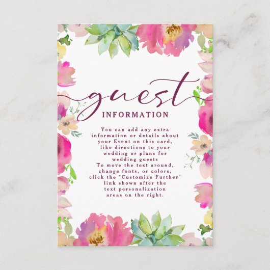 Carte D'accompagnement Floral rose fleuri Mariage Informations clients (Devant)