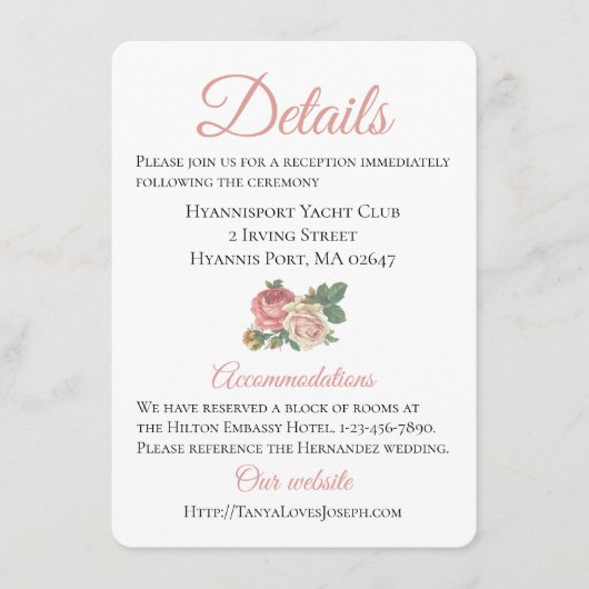 Carte D'accompagnement Floral Rose Rose Mariage Instructions Détails (Devant)