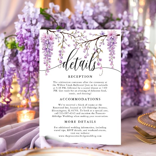 Carte D'accompagnement Floral Script Purple Wisteria Détails de calligrap