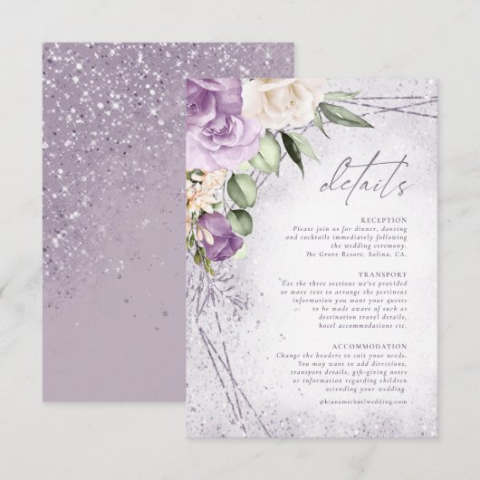 Carte D'accompagnement Floral Sparkles Détails du Mariage Mauve ID889 (Devant / Derrière)
