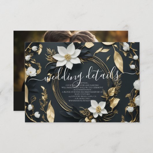 Carte D'accompagnement Floral Wreath Information Mariage Détails Photo (Devant / Derrière)