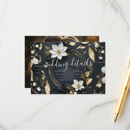 Carte D'accompagnement Floral Wreath Information Mariage Détails Photo (Devant/Arrière en situation)