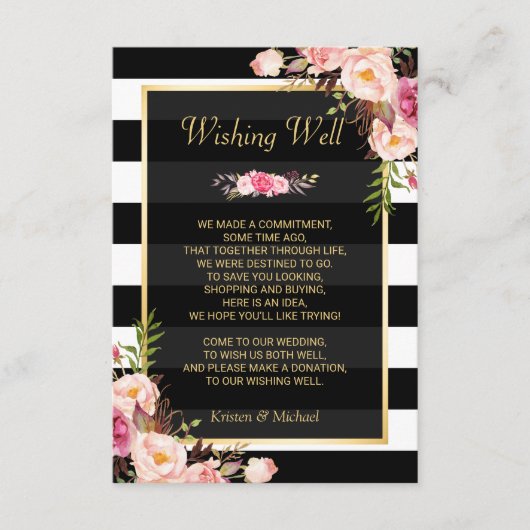 Carte D'accompagnement Flore noir blanc rayures | Mariage Wishing well (Devant)