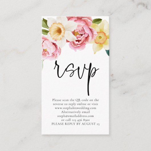 Carte D'accompagnement Flore rose jaune Script QR Code Mariage RSVP (Devant)