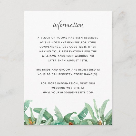 Carte D'accompagnement Foliage tropical Informations sur le Mariage flora (Devant)