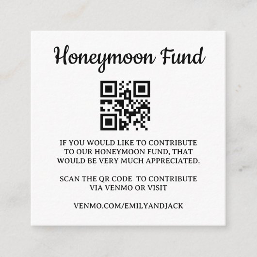 Carte D'accompagnement Fonds de lune de miel Venmo Code QR Mariage (Devant)