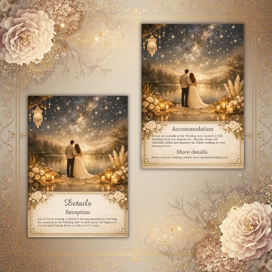 Carte D'accompagnement forest Blue Gold Starry Night Lake wedding