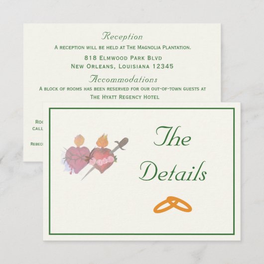 Carte D'accompagnement Forest Green & Cream Two Hearts Catholic Wedding (Devant / Derrière)