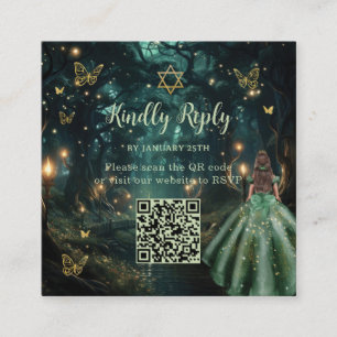 Carte D'accompagnement Forêt Enchantée Vert Émeraude Bat Mitzvah QR RSVP