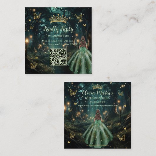 Carte D'accompagnement Forêt enchantée vert émeraude Quinceañera QR RSVP (Devant / Derrière)