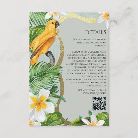 Carte D'accompagnement Forêt tropicale Luau Parrot Floral QR code Détails (Devant)