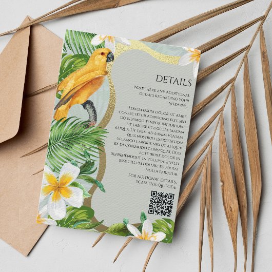 Carte D'accompagnement Forêt tropicale Luau Parrot Floral QR code Détails