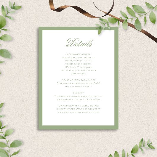 Carte D'accompagnement Formal Classic Sage Green Script Wedding Details