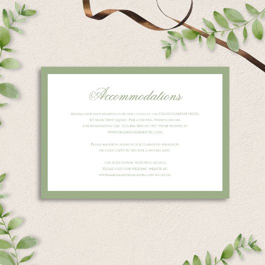 Carte D'accompagnement Formal Classic Sage Green Wedding Accommodation