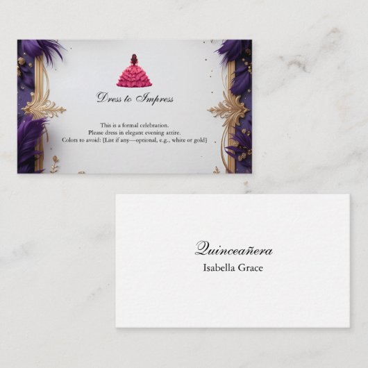 Carte D'accompagnement Formelle Quinceañera avec code vestimentaire Instr (Devant / Derrière)