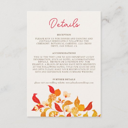 Carte D'accompagnement Fraîcheur Citrus Foliage Mariage (Devant)