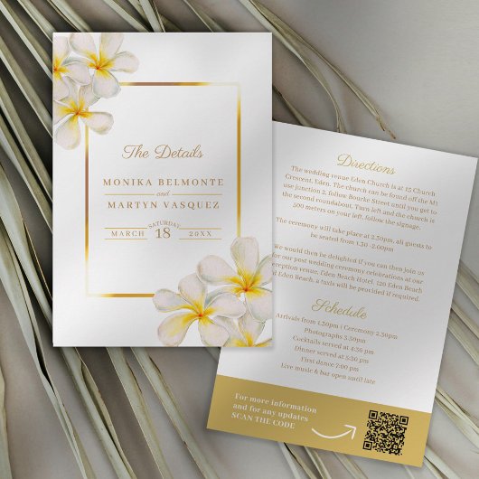 Carte D'accompagnement Frangipani jaune blanc détails mariage QR