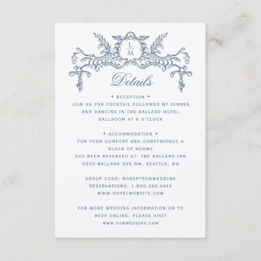 Carte D'accompagnement French Blue Ornat Baroque Détails du Mariage (Devant)