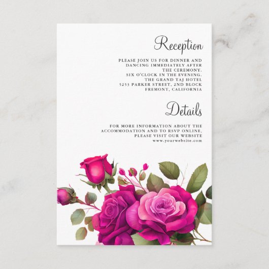 Carte D'accompagnement Fuchsia Hot Pink Roses Wedding Details (Devant)