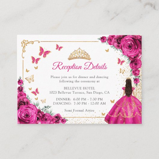 Carte D'accompagnement Fuchsia Pink Gold Quinceanera Reception Details (Devant)