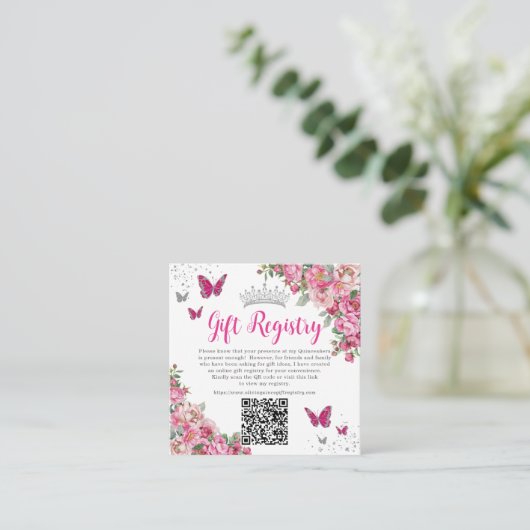 Carte D'accompagnement Fuchsia Rose Fleurs Papillon Quinceanera Cadeau QR (Debout devant)