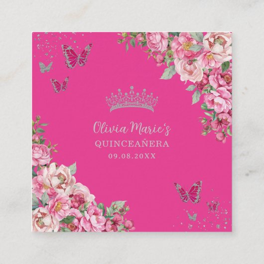 Carte D'accompagnement Fuchsia Rose Fleurs Papillon Quinceanera Cadeau QR (Dos)