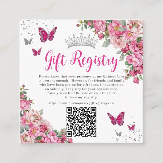 Carte D'accompagnement Fuchsia Rose Fleurs Papillon Quinceanera Cadeau QR (Devant)
